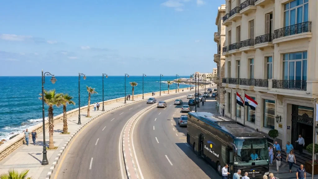 Daily Sun Travel VIP tour bus and guide with tourists outside an Alexandria boutique hotel. Premier B2B DMC ground handling in Egypt.
