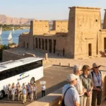 Panoramic view of the Nile River and Philae Temple in Aswan, representing Daily Sun Travel's comprehensive B2B DMC ground handling and logistics services in Southern Egypt.