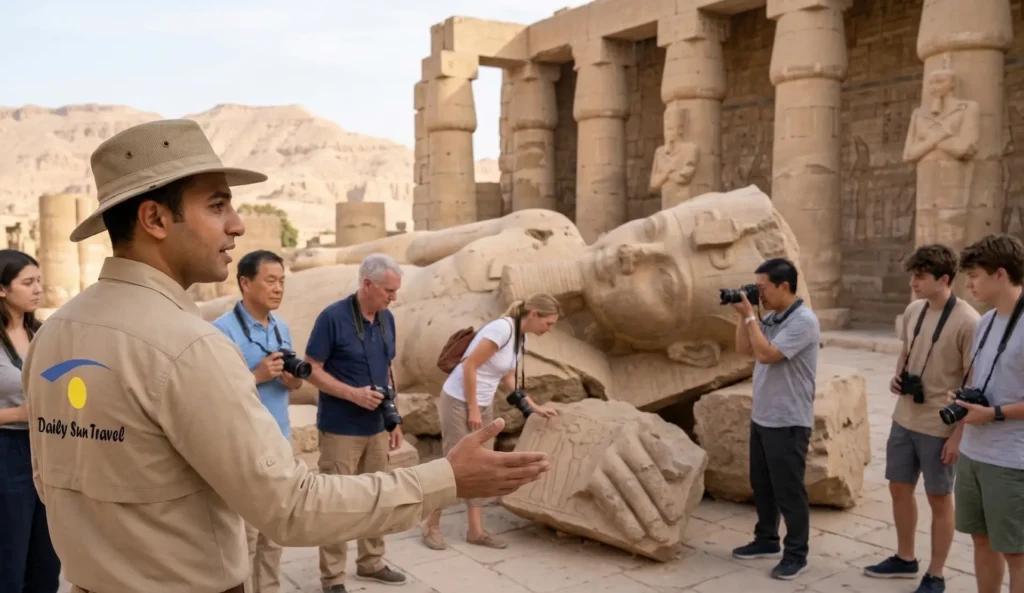 Daily Sun Travel expert Egyptologist guiding a VIP tourist group at the fallen colossus of the Ramesseum in Luxor. Premier B2B DMC ground handling and cultural tours in Egypt.