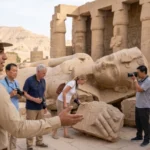 Daily Sun Travel expert Egyptologist guiding a VIP tourist group at the fallen colossus of the Ramesseum in Luxor. Premier B2B DMC ground handling and cultural tours in Egypt.