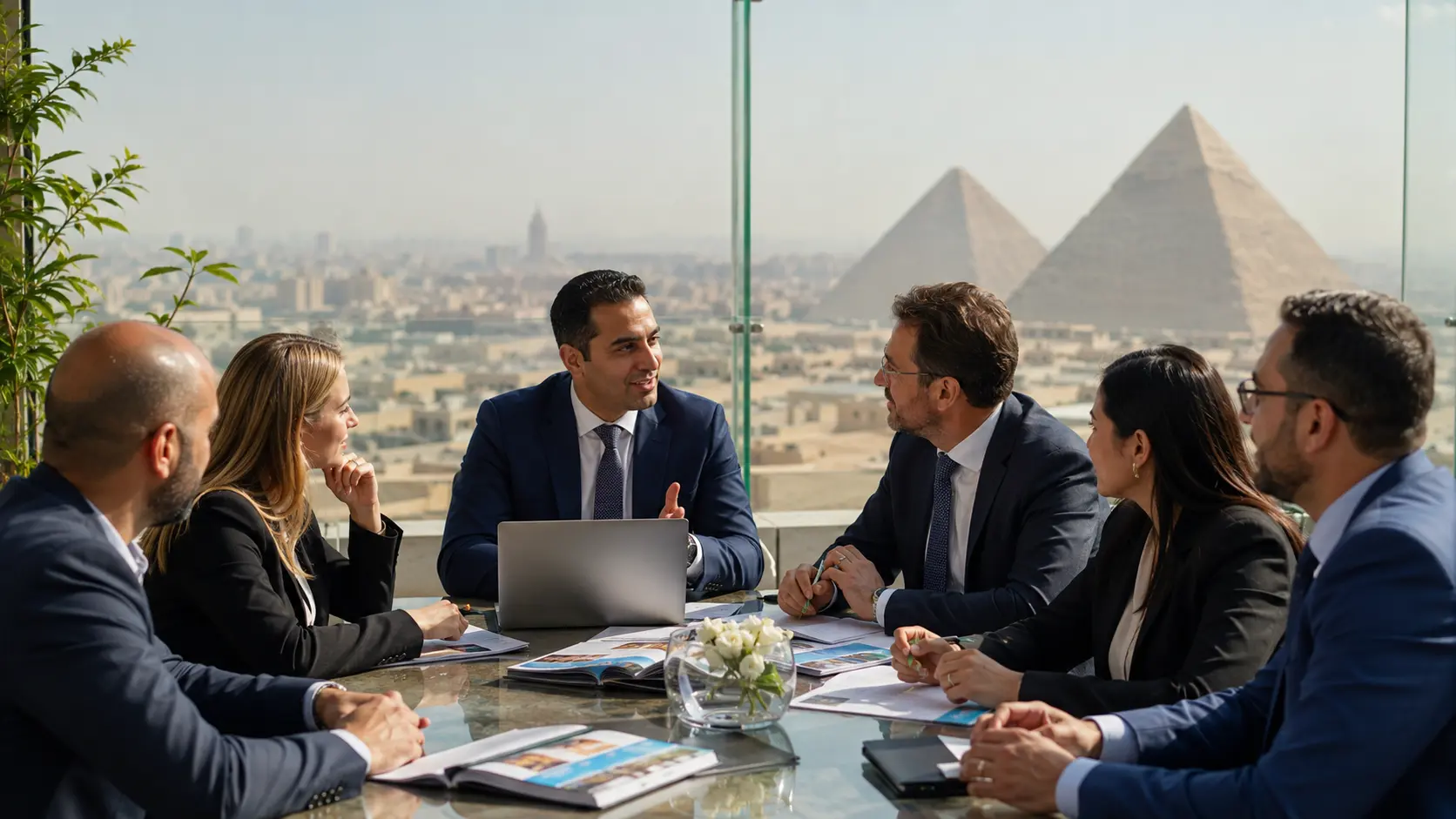 Daily Sun Travel team and tourism vehicles near the Grand Egyptian Museum and Giza Pyramids for B2B Egypt travel support