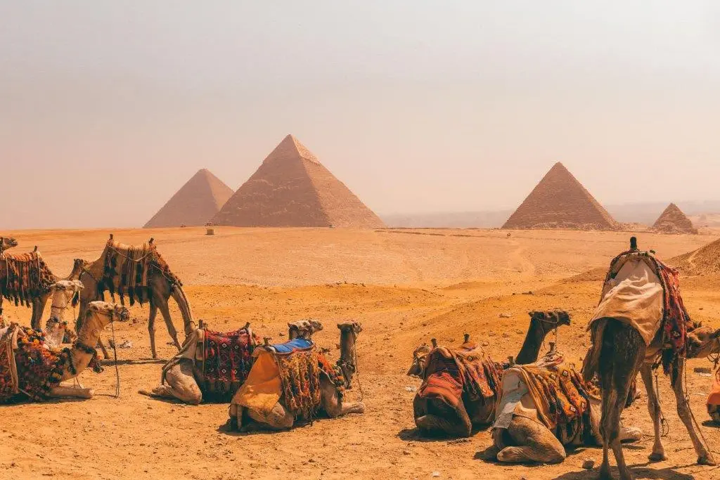 Panoramic view of the Giza Pyramids during a Cairo fly day tour from Hurghada