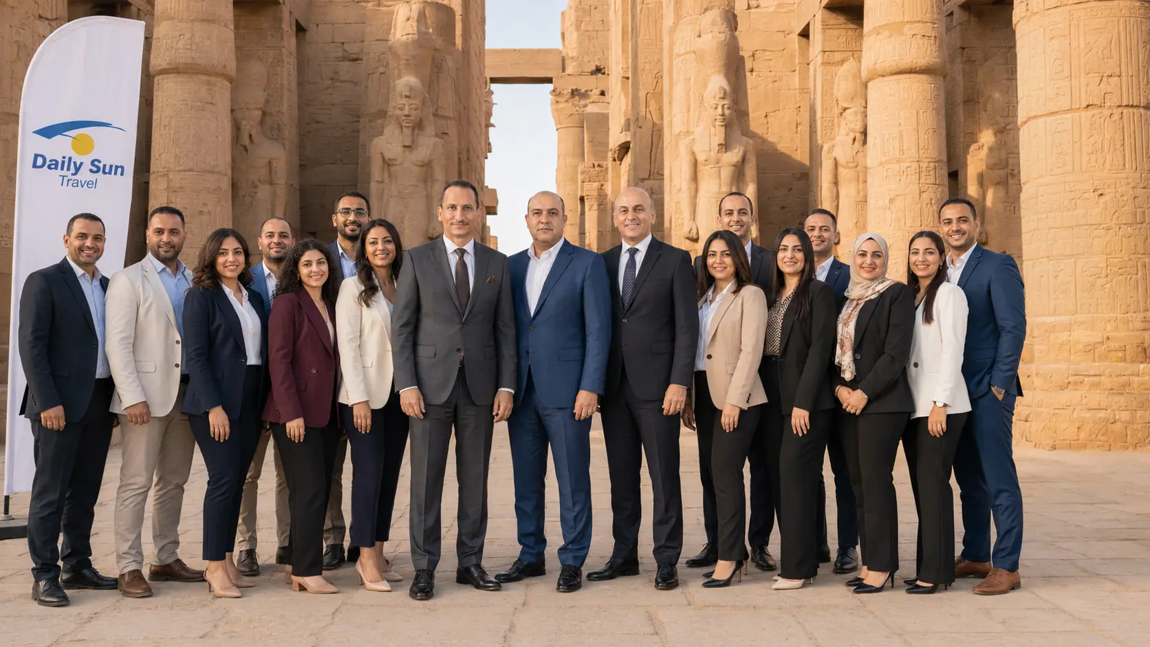Daily Sun Travel leadership and operations team at Luxor Temple representing Egypt DMC ground handling services