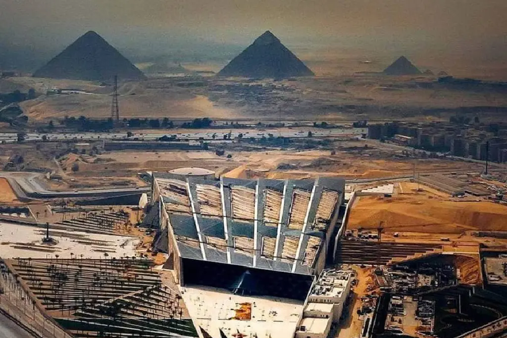 Exterior view of the Grand Egyptian Museum near the Giza Plateau