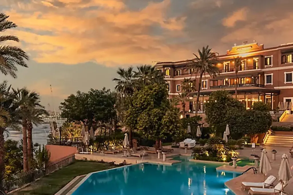 Old Cataract Hotel terrace at sunset overlooking the Nile in Aswan